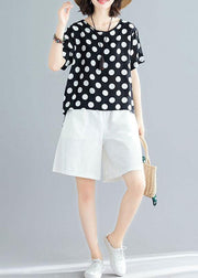 summer blended two pieces black dotted tops and white shorts - SooLinen