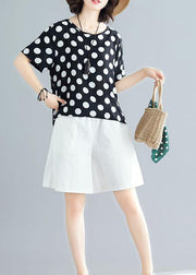 summer blended two pieces black dotted tops and white shorts - SooLinen