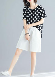 summer blended two pieces black dotted tops and white shorts - SooLinen