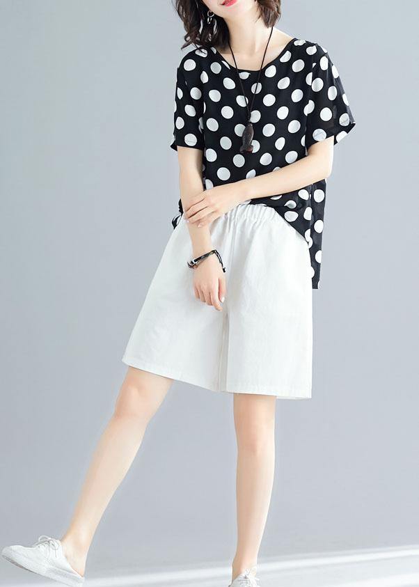 summer blended two pieces black dotted tops and white shorts - SooLinen