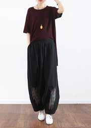 summer casual black embroidery cotton linen traveling pants loose women wide leg pant