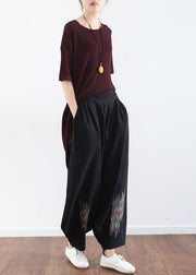 summer casual black embroidery cotton linen traveling pants loose women wide leg pant