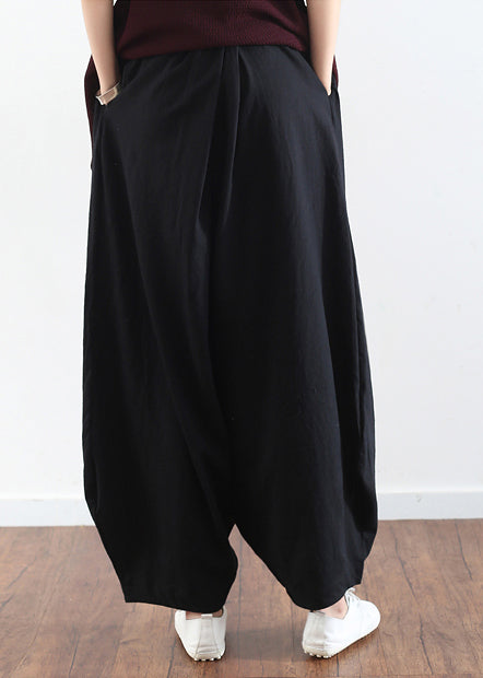 summer casual black embroidery cotton linen traveling pants loose women wide leg pant