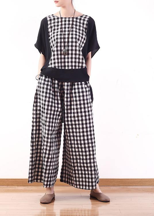 summer casual cotton linen two pieces black white plaid patchwork tops and elastic waist wide leg pants - SooLinen