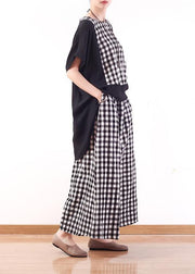 summer casual cotton linen two pieces black white plaid patchwork tops and elastic waist wide leg pants - SooLinen