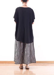 summer casual cotton linen two pieces black white plaid patchwork tops and elastic waist wide leg pants - SooLinen