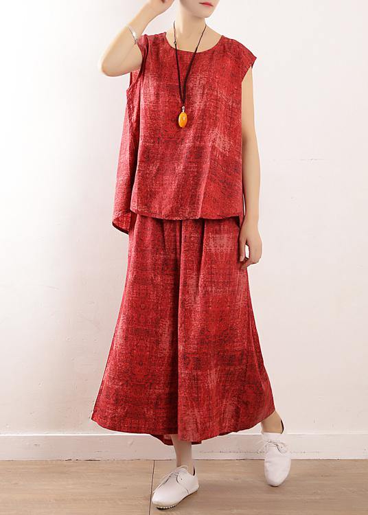 summer casual linen two pieces red sleeve tops with wide leg pants - SooLinen