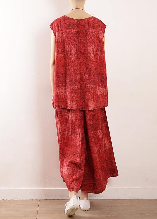 summer casual linen two pieces red sleeve tops with wide leg pants - SooLinen