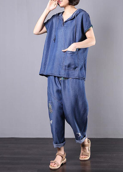 summer cotton blended blue hooded tops with elastic waist pants two pieces - SooLinen