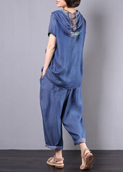 summer cotton blended blue hooded tops with elastic waist pants two pieces - SooLinen