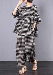 summer cotton linen two pieces black plaid ruffles sleeve blouse with women wide leg pants - SooLinen