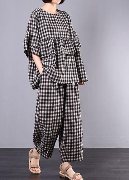 summer cotton linen two pieces black plaid ruffles sleeve blouse with women wide leg pants - SooLinen