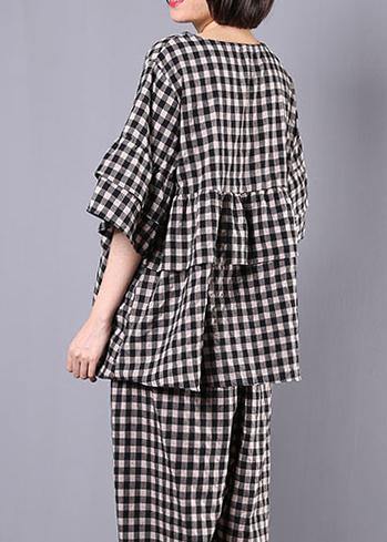 summer cotton linen two pieces black plaid ruffles sleeve blouse with women wide leg pants - SooLinen