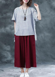 summer cotton two pieces black striped asymmetric hem tops and red women crop pants - SooLinen