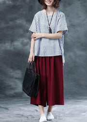 summer cotton two pieces black striped asymmetric hem tops and red women crop pants - SooLinen