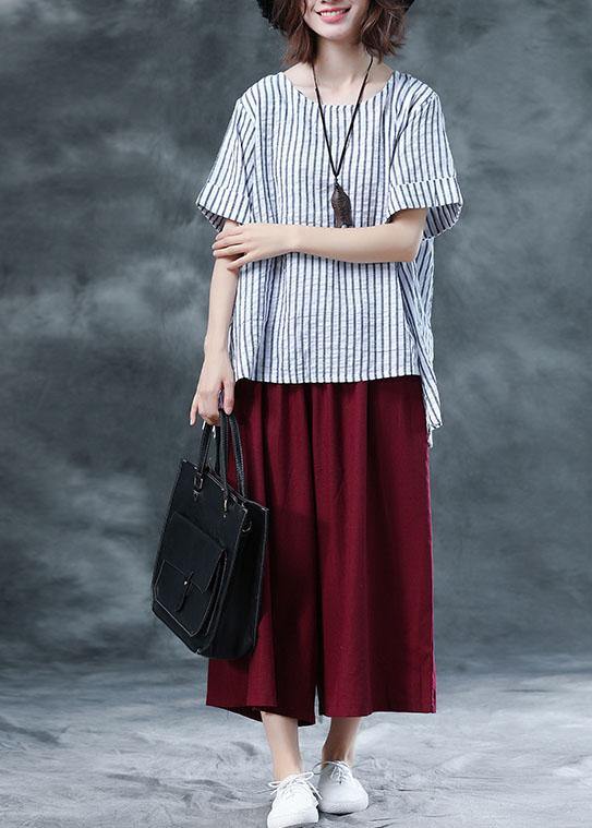 summer cotton two pieces black striped asymmetric hem tops and red women crop pants - SooLinen