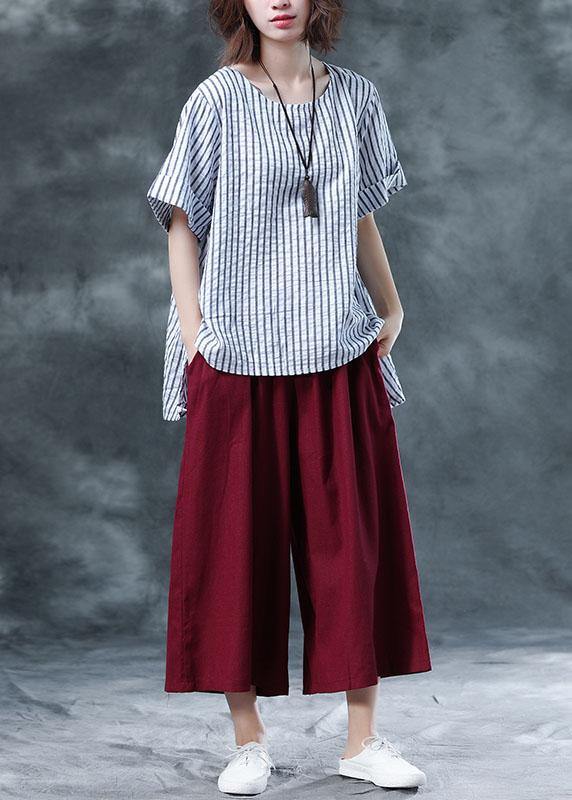 summer cotton two pieces black striped asymmetric hem tops and red women crop pants - SooLinen