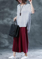 summer cotton two pieces black striped asymmetric hem tops and red women crop pants - SooLinen