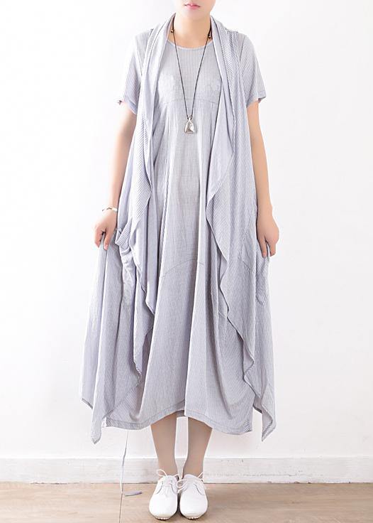 summer light blue linen women sleeveless outwear plus size women casual dress two pieces - SooLinen