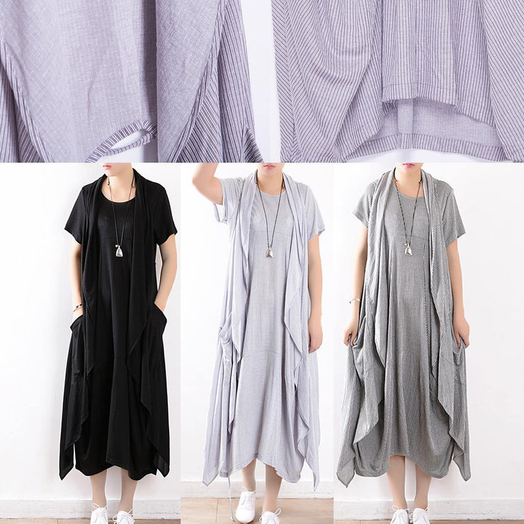 summer light blue linen women sleeveless outwear plus size women casual dress two pieces - SooLinen