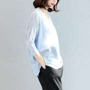 summer light blue stylish  loose casual  t shirt long sleeve blouse