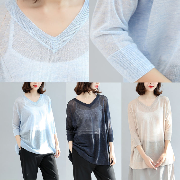 summer light blue stylish  loose casual  t shirt long sleeve blouse