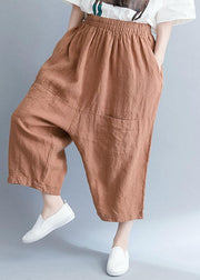 summer new khaki cotton linen pants plus size elastic waist crop pants - SooLinen