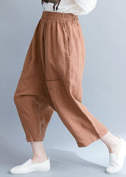 summer new khaki cotton linen pants plus size elastic waist crop pants - SooLinen