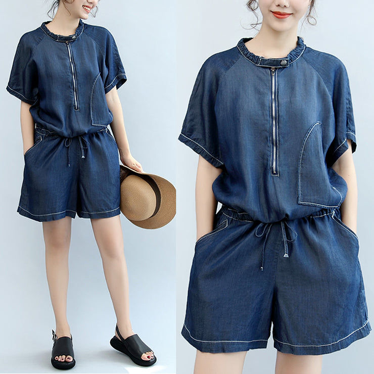 summer new navy stylish cotton short sleeve tops and casual jumpsuit shorts