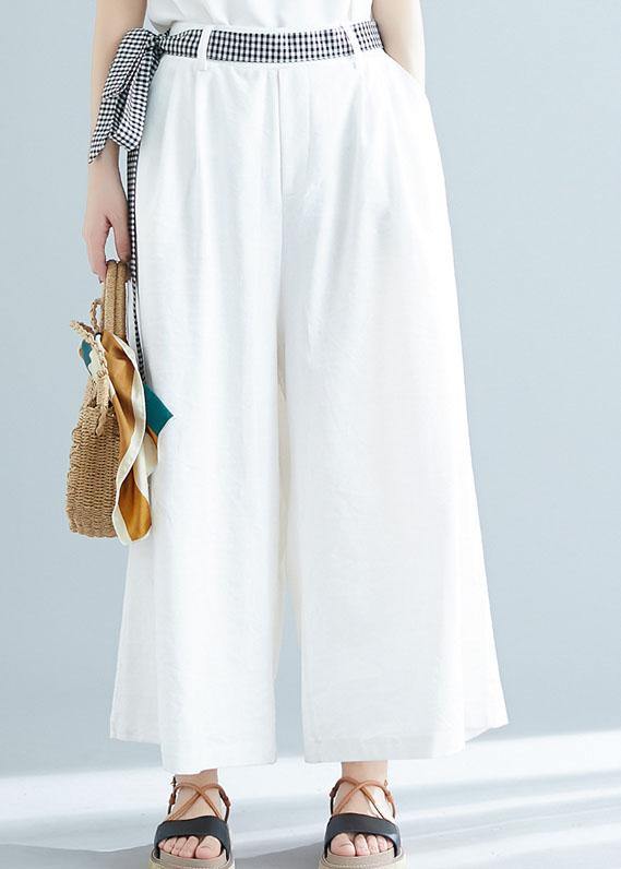 summer white casual cotton trousers loose women tie waist wide leg pants - SooLinen