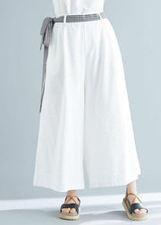 summer white casual cotton trousers loose women tie waist wide leg pants - SooLinen