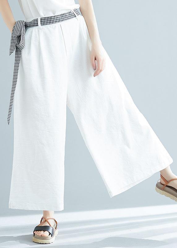 summer white casual cotton trousers loose women tie waist wide leg pants - SooLinen