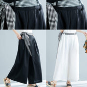 summer white casual cotton trousers loose women tie waist wide leg pants - SooLinen