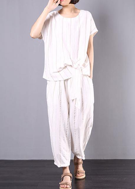 summer white striped linen tie hem tops and elastic waist pants two pieces - SooLinen