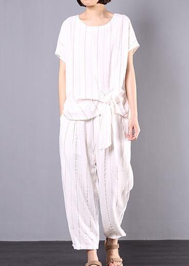 summer white striped linen tie hem tops and elastic waist pants two pieces - SooLinen