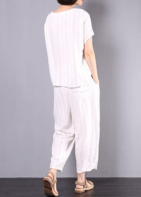 summer white striped linen tie hem tops and elastic waist pants two pieces - SooLinen