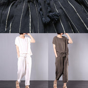 summer white striped linen tie hem tops and elastic waist pants two pieces - SooLinen