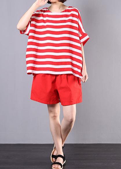 summer women two pieces red striped o neck tops and casual shorts - SooLinen