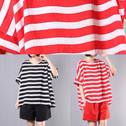 summer women two pieces red striped o neck tops and casual shorts - SooLinen