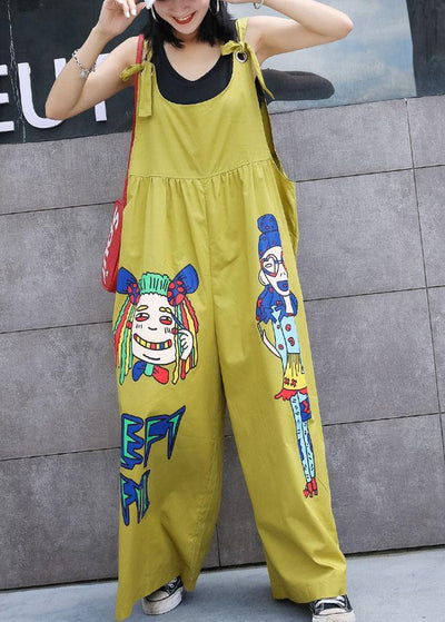 summer yellow cotton cartoon prints jumpsuit pants plus size casual jumpsuit pants - SooLinen