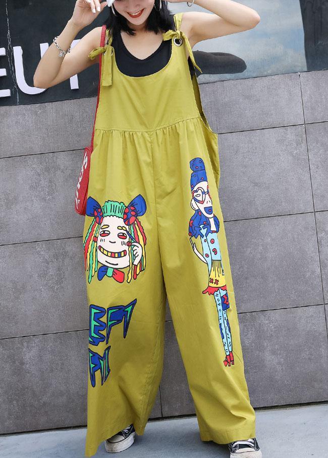 summer yellow cotton cartoon prints jumpsuit pants plus size casual jumpsuit pants - SooLinen