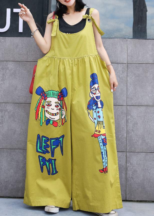 summer yellow cotton cartoon prints jumpsuit pants plus size casual jumpsuit pants - SooLinen