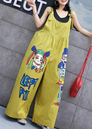 summer yellow cotton cartoon prints jumpsuit pants plus size casual jumpsuit pants - SooLinen