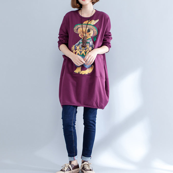 thick warm burgundy print cotton maternity dress oversize o neck women casual dress