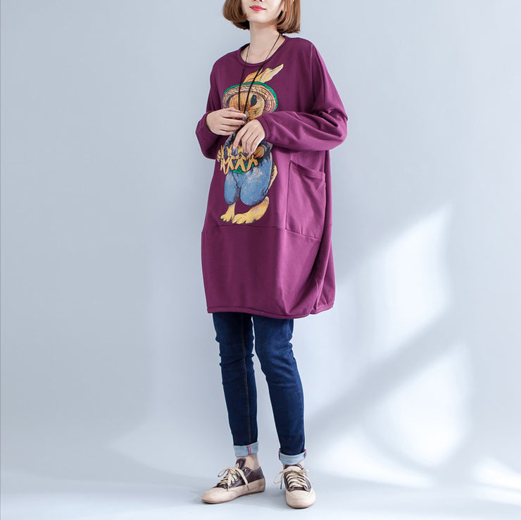 thick warm burgundy print cotton maternity dress oversize o neck women casual dress