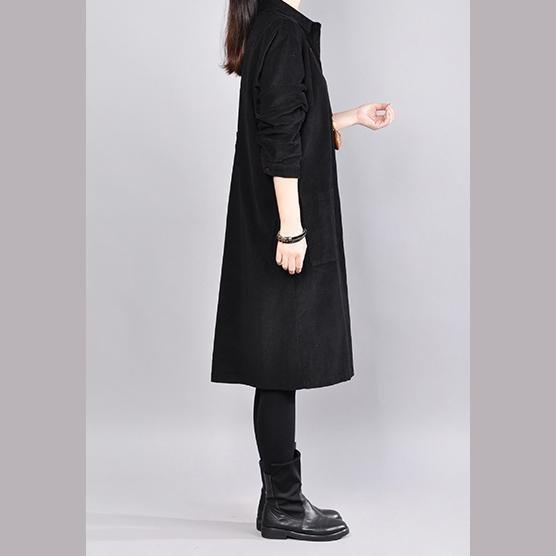 fine black cotton tops plussize cotton cotton t shirt New lapel collar big pockets cotton clothing tops