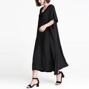 fine black linen shift dress casual linen maxi dress women V neck patchwork cotton dress