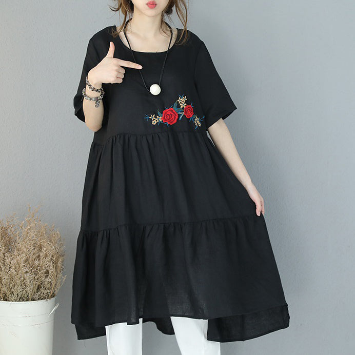 fine black natural linen dress plus size embroidery linen clothing dress casual patchwork kaftans