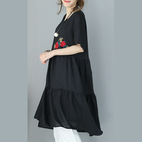 fine black natural linen dress plus size embroidery linen clothing dress casual patchwork kaftans