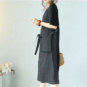 fine black plaid cotton dresses plus size patchwork traveling clothing 2018 tie waist gown